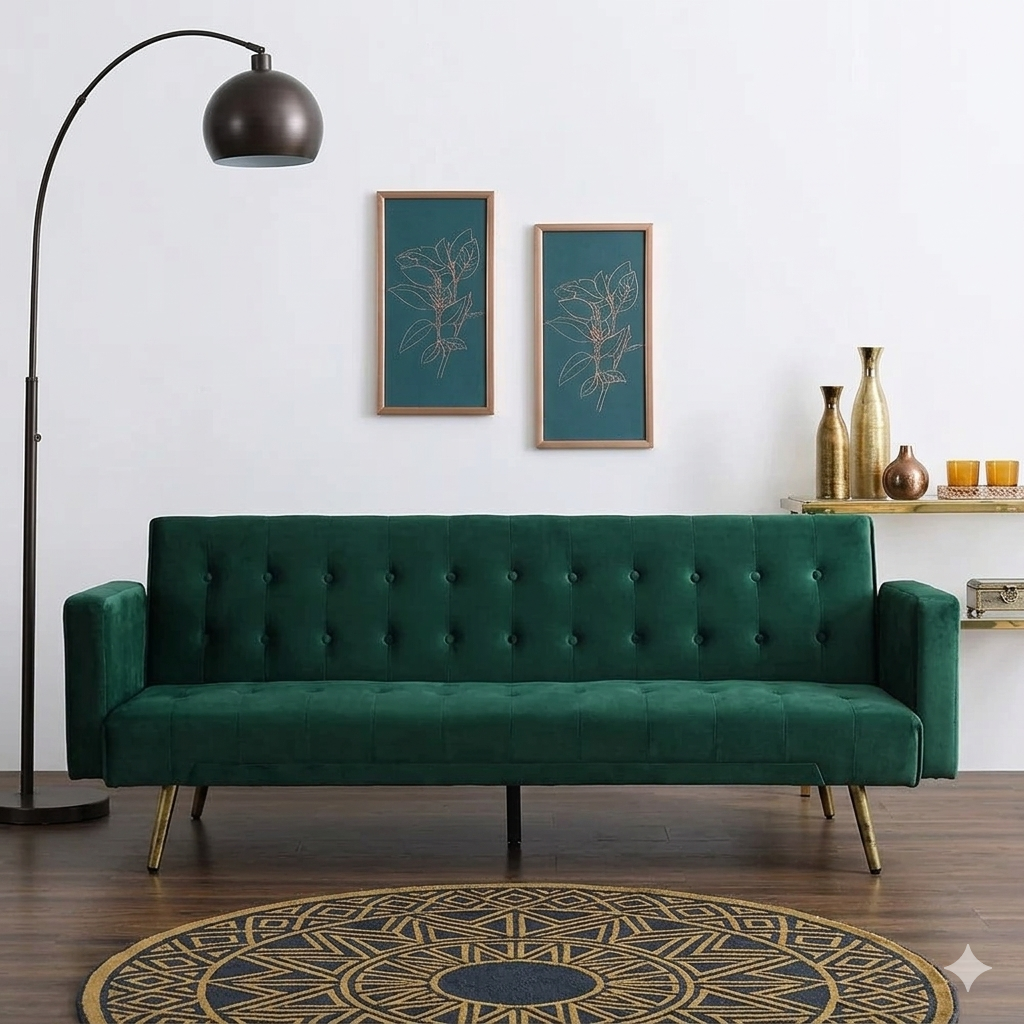 Green Velvet 3 Seater Fabric Sofa Bed